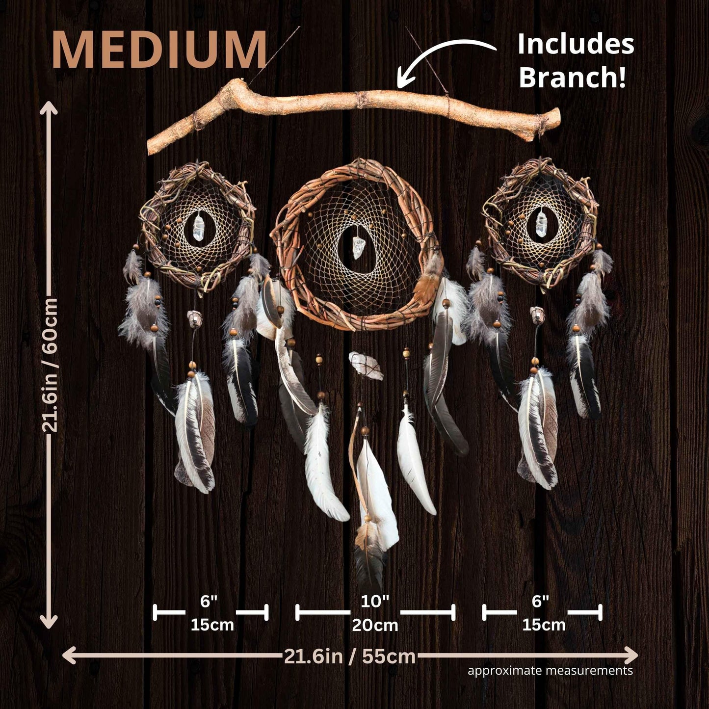 Décoration murale de style amérindien : trio d'attrape-rêves infusés d'harmonie sur une branche de saule avec 6 cristaux énergisants