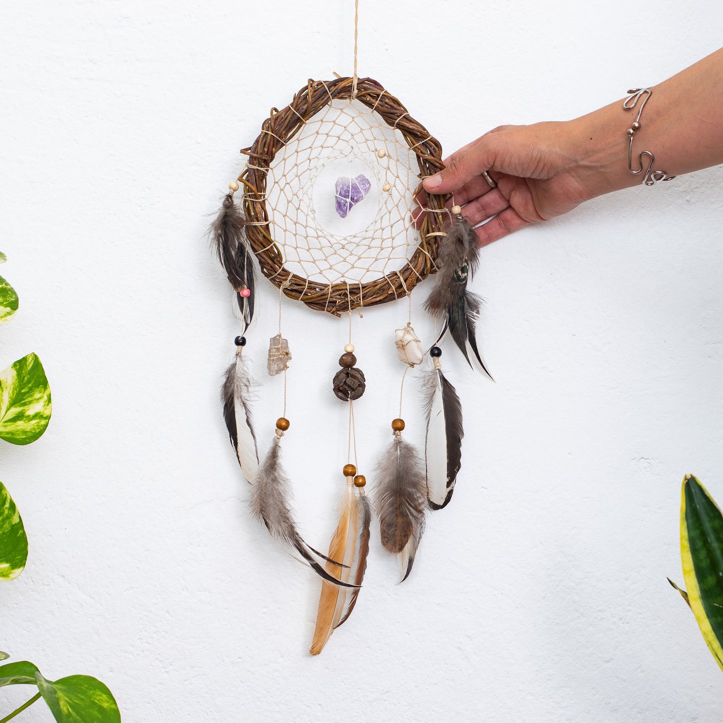 Dream catcher white with natural crystals