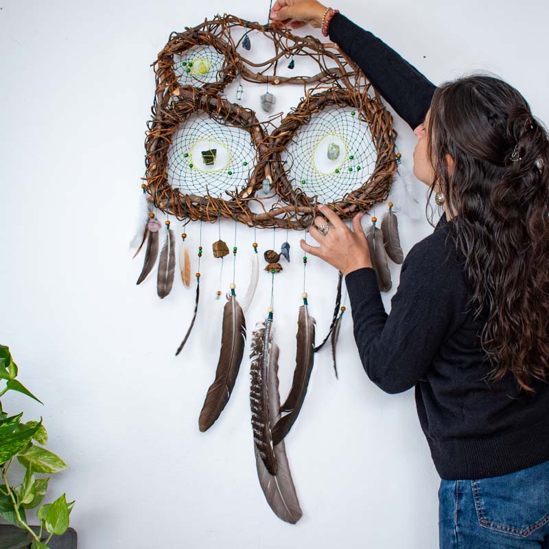 Boho Wall Collage Dreamcatcher – Large Feathered Healing Decor with 12 Gemstones, Organic Tree Branch, Custom Colors, Macramé Art