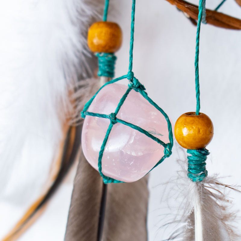 Boho Wall Collage Dreamcatcher – Large Feathered Healing Decor with 12 Gemstones, Organic Tree Branch, Custom Colors, Macramé Art