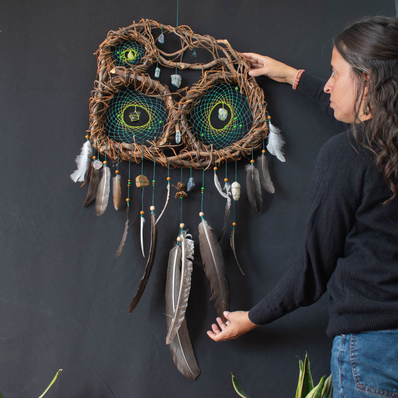 Boho Wall Collage Dreamcatcher – Large Feathered Healing Decor with 12 Gemstones, Organic Tree Branch, Custom Colors, Macramé Art