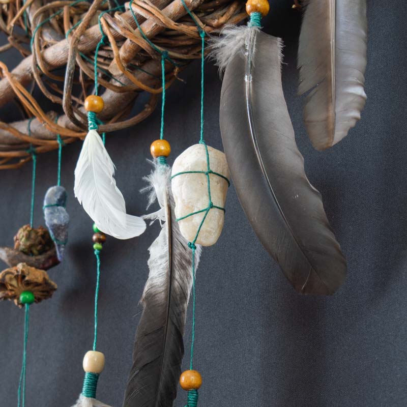 Boho Wall Collage Dreamcatcher – Large Feathered Healing Decor with 12 Gemstones, Organic Tree Branch, Custom Colors, Macramé Art