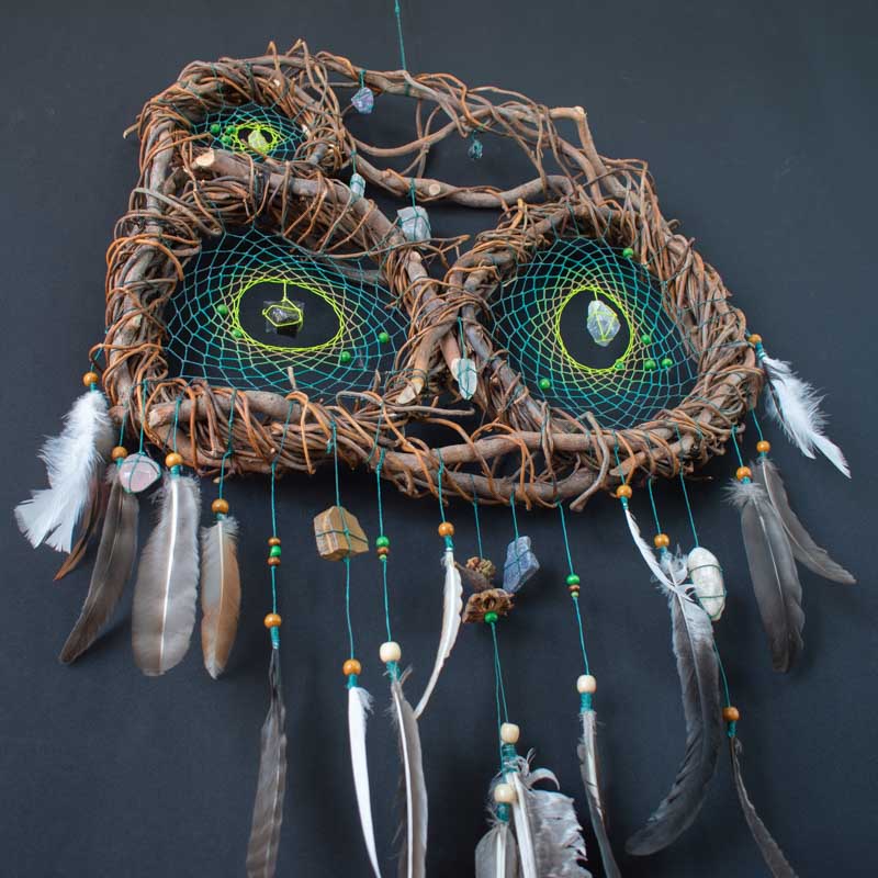 Boho Wall Collage Dreamcatcher – Large Feathered Healing Decor with 12 Gemstones, Organic Tree Branch, Custom Colors, Macramé Art