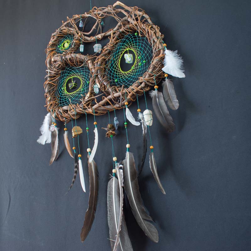 Boho Wall Collage Dreamcatcher – Large Feathered Healing Decor with 12 Gemstones, Organic Tree Branch, Custom Colors, Macramé Art