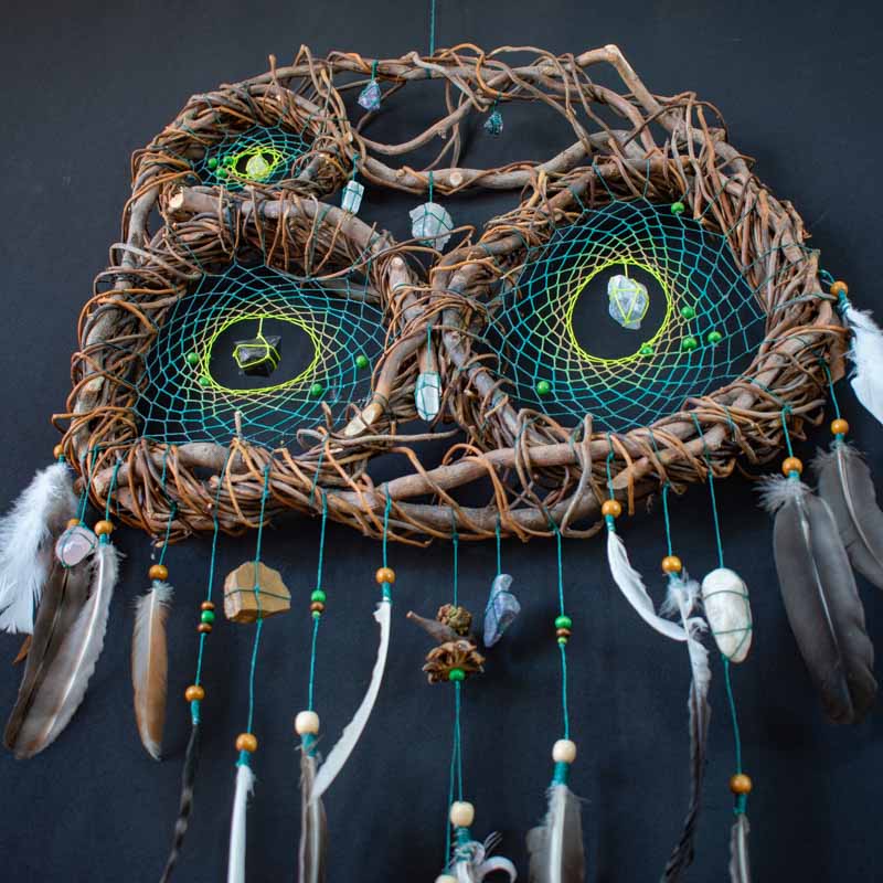Boho Wall Collage Dreamcatcher – Large Feathered Healing Decor with 12 Gemstones, Organic Tree Branch, Custom Colors, Macramé Art
