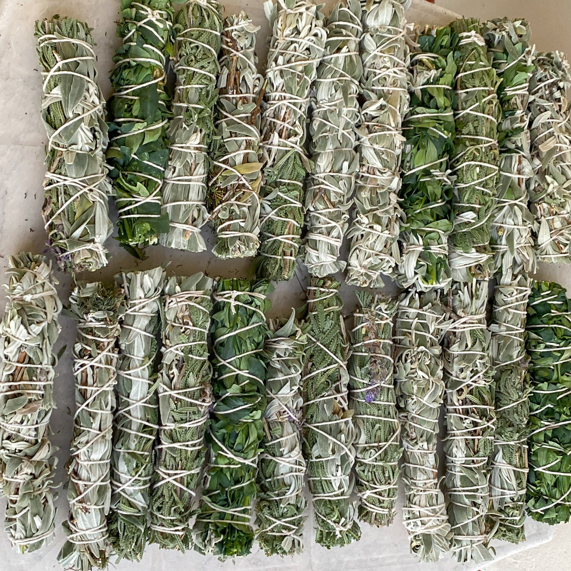 Organic White Sage, Natural Lavender, Dried Rue Herb, Natural Camphor, Cotton Thread Organic White Sage, Natural Lavender, Dried Rue Herb, Natural Camphor, Cotton Thread