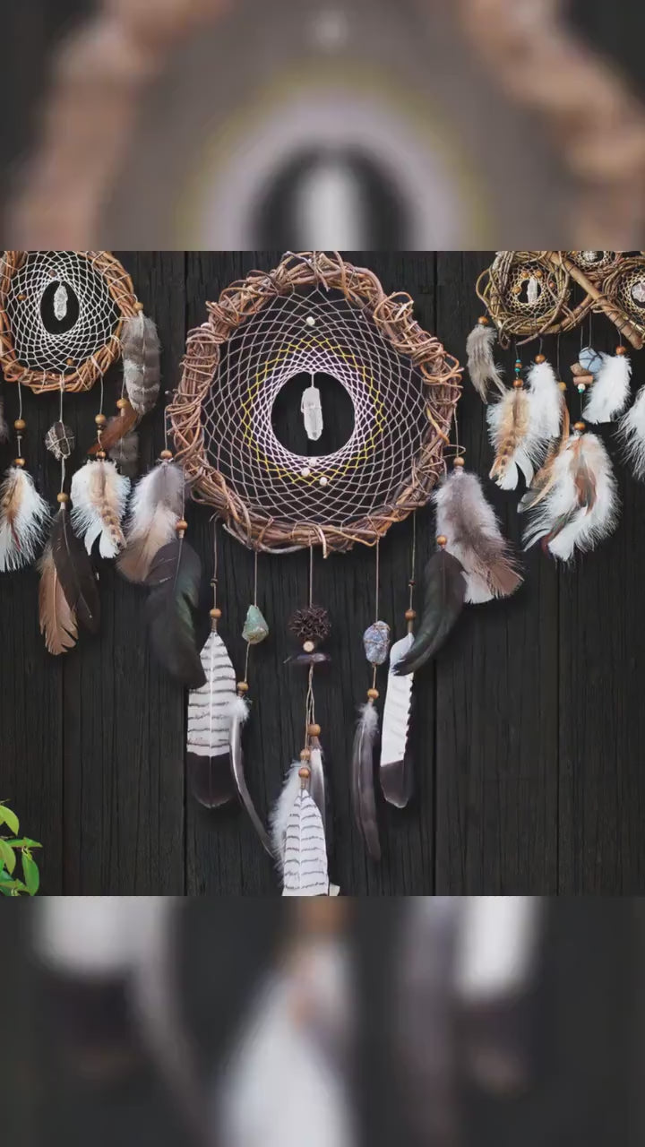 Handcrafted Traditional Native Style Dreamcatcher Set with Custom Healing Crystal Handcrafted Traditional Native Style Dreamcatcher Set with Custom Healing Crystal