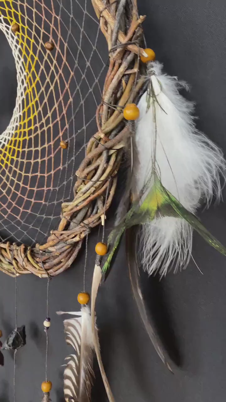 Boho Dreamcatcher for Protection with Large Feathers, Healing Crystals Boho Dreamcatcher for Protection with Large Feathers, Healing Crystals