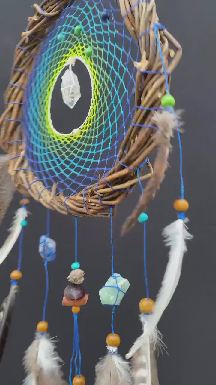 Soothing Blue and Green Dreamcatcher: Willow Wall Art with Healing Crystals - Calming Decor, Anxiety Relief, Natural Gift, Holistic Shamanic Soothing Blue and Green Dreamcatcher: Willow Wall Art with Healing Crystals - Calming Decor, Anxiety Relief, Natural Gift, Holistic Shamanic