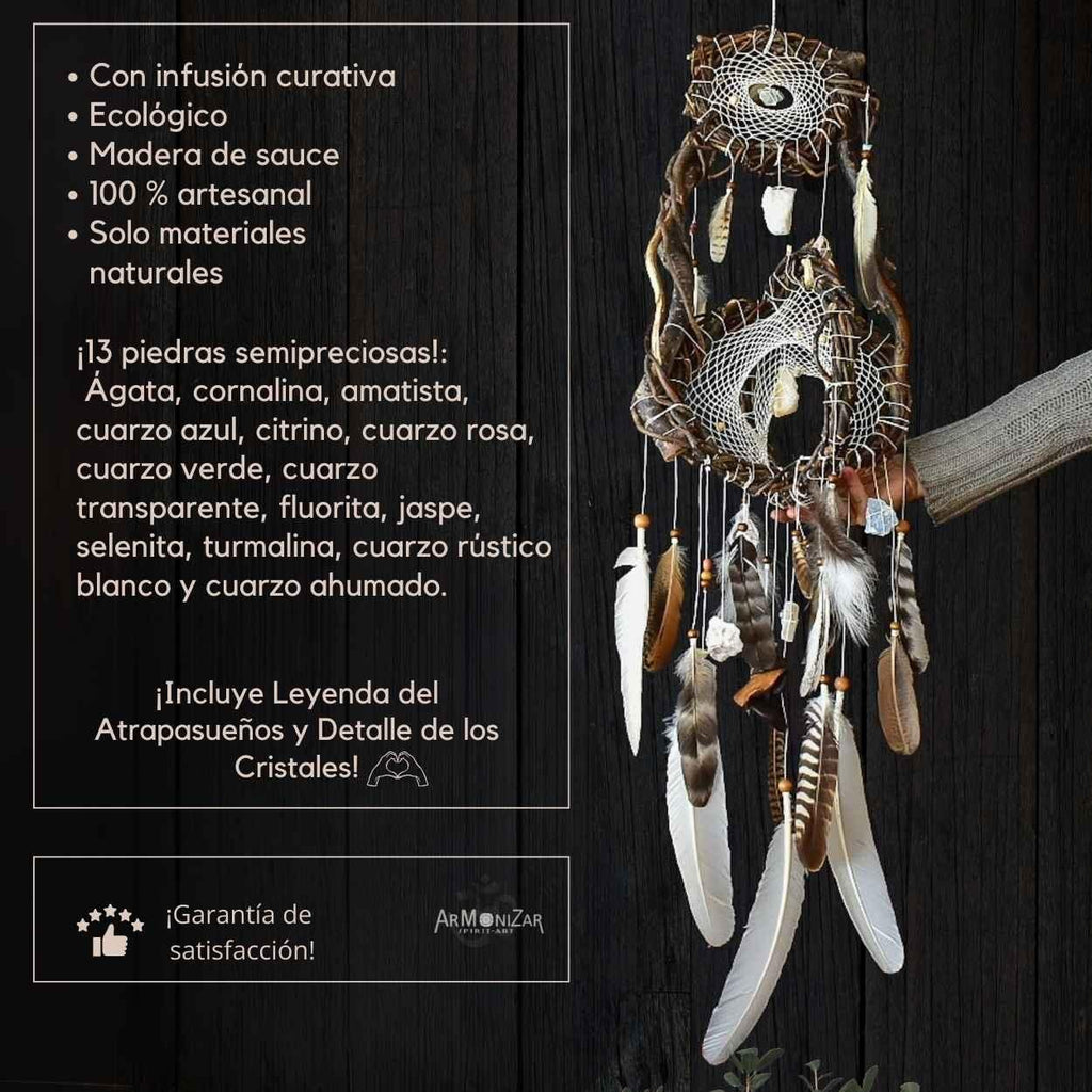 3D Chakra Dreamcatcher Duo – Light Earth Tones with 13 Healing Crystals, Boho Spiritual Mobile in 2 Sizes, Feathered Energy Decor Activo