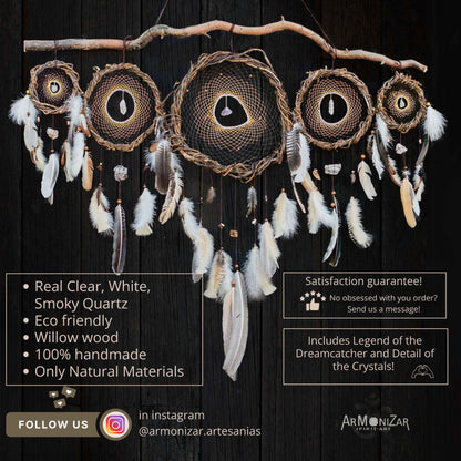 Décoration murale de style amérindien : trio d'attrape-rêves infusés d'harmonie sur une branche de saule avec 6 cristaux énergisants