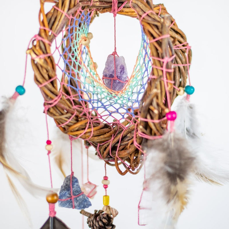 Positive Vibes Home Gift: Handmade 3D Dreamcatcher with Healing Crystals, Rainbow Pastel Decor for Chakra Balancing, Stress Relief (Copia)