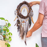 Spiritual Gift: 3D Dreamcatcher with Smoky Quartz, Selenite, Amethyst, Agate & Fluorite, Wall Hanging Mobile for Energy Cleansing Decor