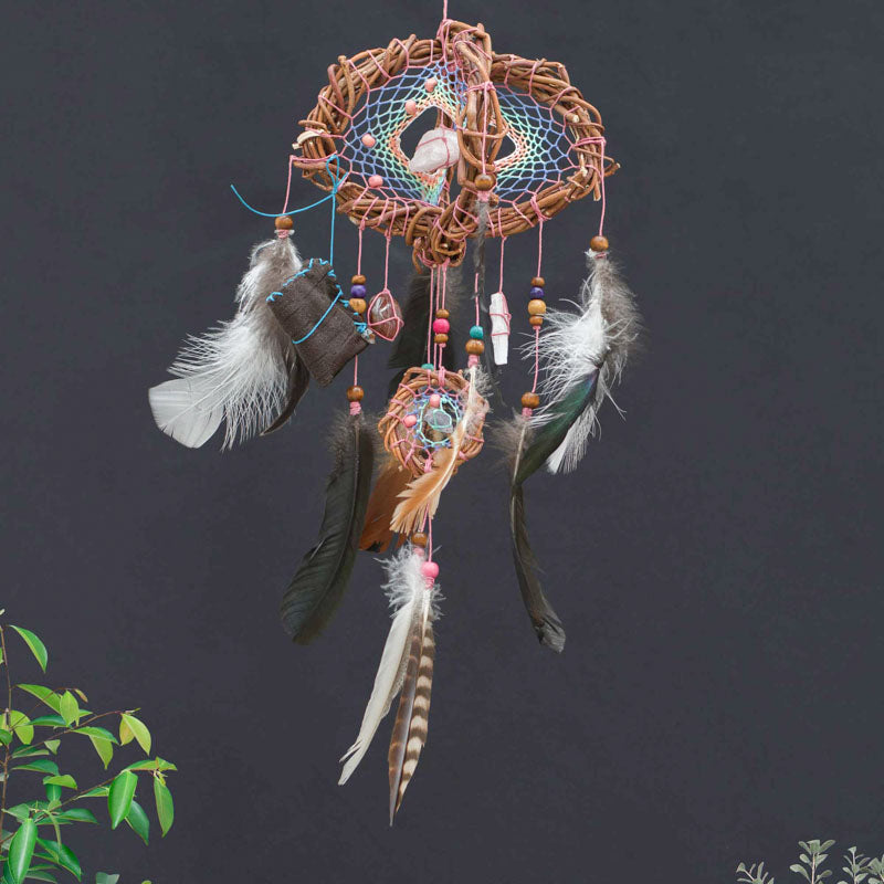 Eco-Friendly Rainbow Pastel Harmony Guard 3D Dreamcatcher with Energizing Gemstones and Natural Feathers for Holistic Balance and Protection - ArMoniZar