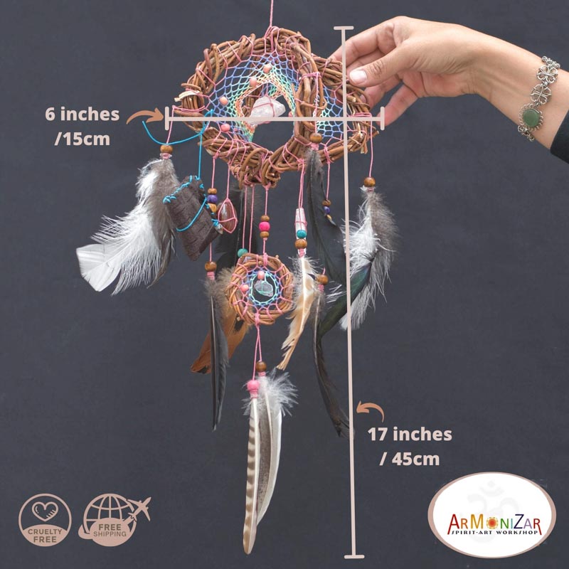 Eco-Friendly Rainbow Pastel Harmony Guard 3D Dreamcatcher with Energizing Gemstones and Natural Feathers for Holistic Balance and Protection - ArMoniZar