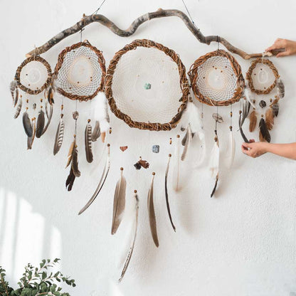 Premium Spiritual Protection Set of 5 Brown Dreamcatchers with 11 Healing Crystals