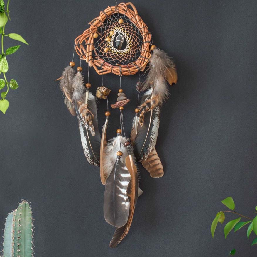 Brown dream catcher with Smoky quartz Tigers eye & Garnet stone, Shaman wall art for protection ArMoniZar