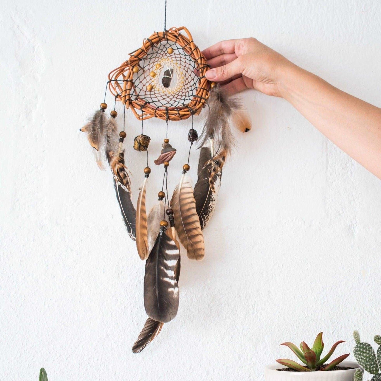 Brown dream catcher with Smoky quartz Tigers eye & Garnet stone, Shaman wall art for protection ArMoniZar