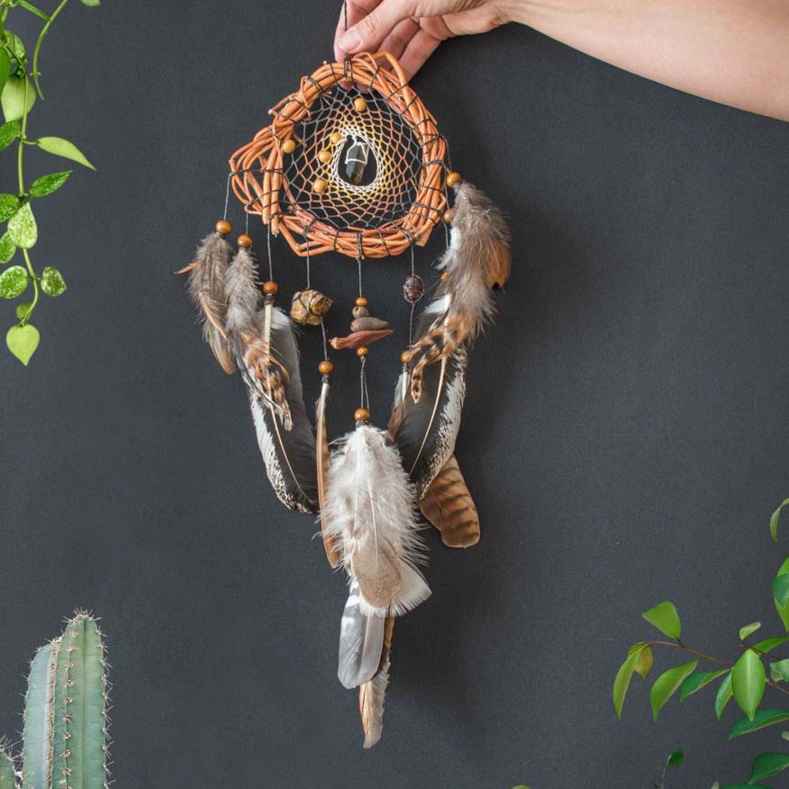 Brown dream catcher with Smoky quartz Tigers eye & Garnet stone, Shaman wall art for protection ArMoniZar