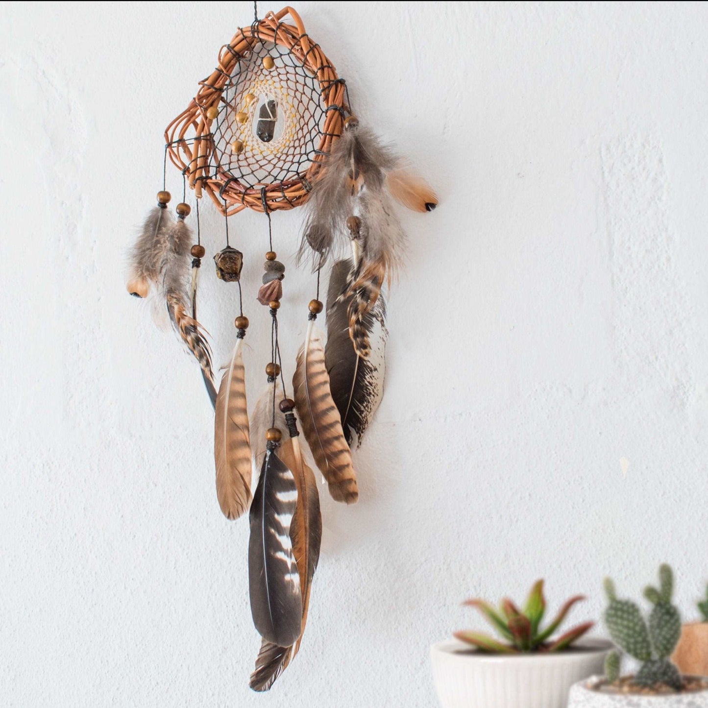 Brown dream catcher with Smoky quartz Tigers eye & Garnet stone, Shaman wall art for protection ArMoniZar