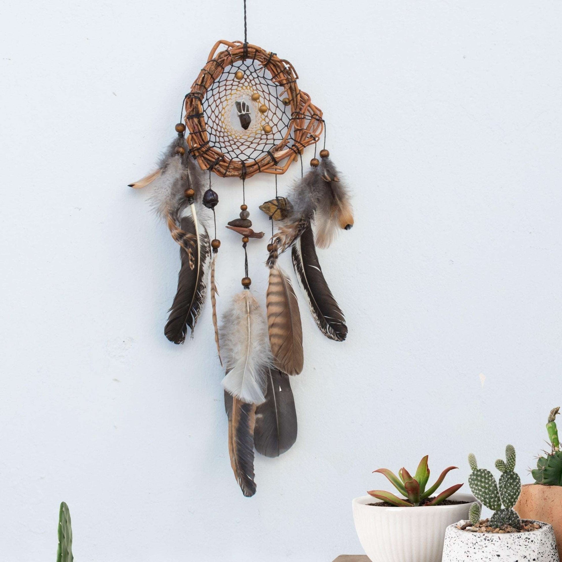 Brown dream catcher with Smoky quartz Tigers eye & Garnet stone, Shaman wall art for protection ArMoniZar