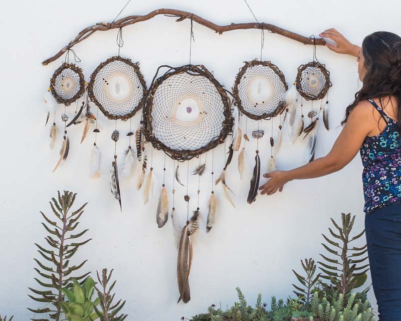 Spiritual Protection Set: 5 brown dreamcatchers with crystals for rustic bedroom decor. Natural gift, shaman healing, witch vibes - ArMoniZar