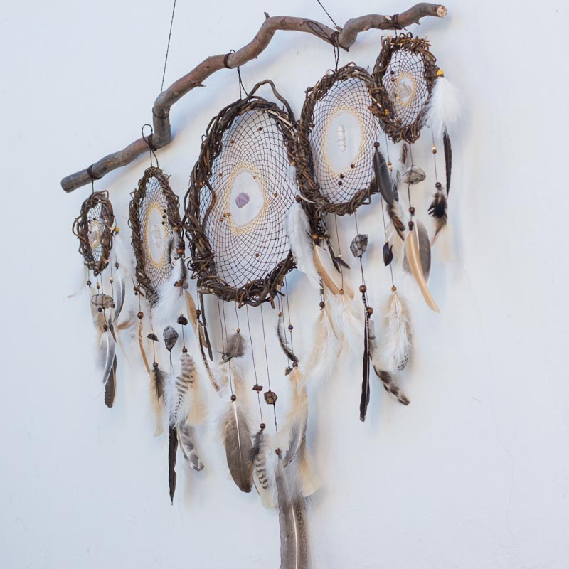 Spiritual Protection Set: 5 brown dreamcatchers with crystals for rustic bedroom decor. Natural gift, shaman healing, witch vibes - ArMoniZar