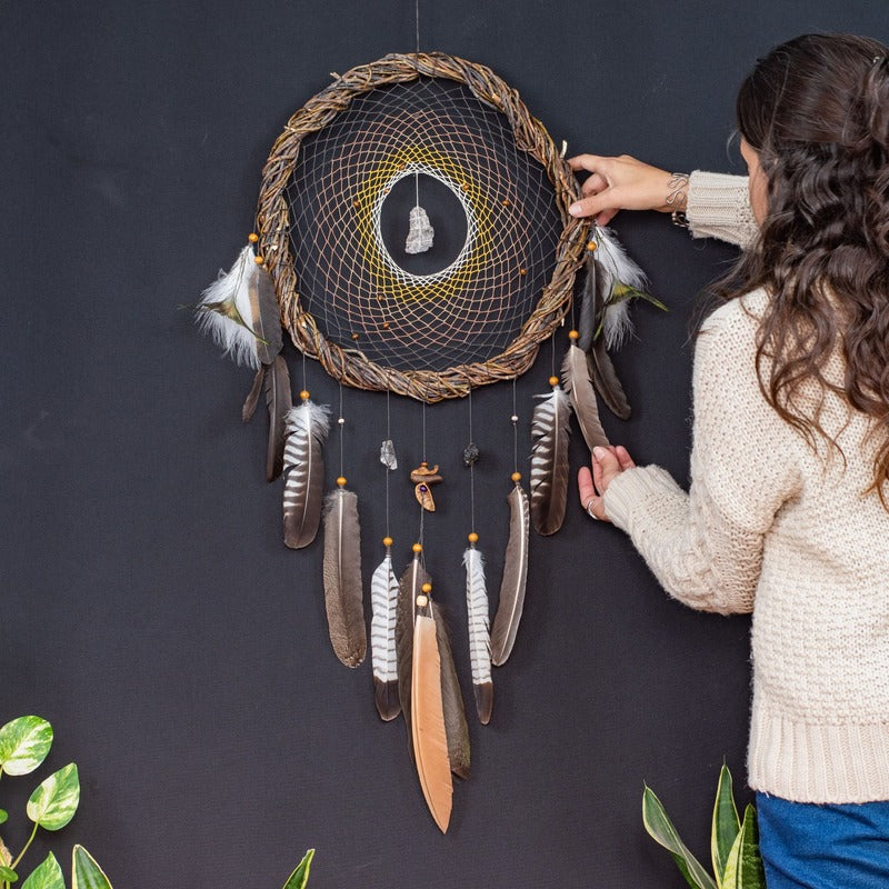 Boho Dreamcatcher for Protection with Large Feathers, Healing Crystals