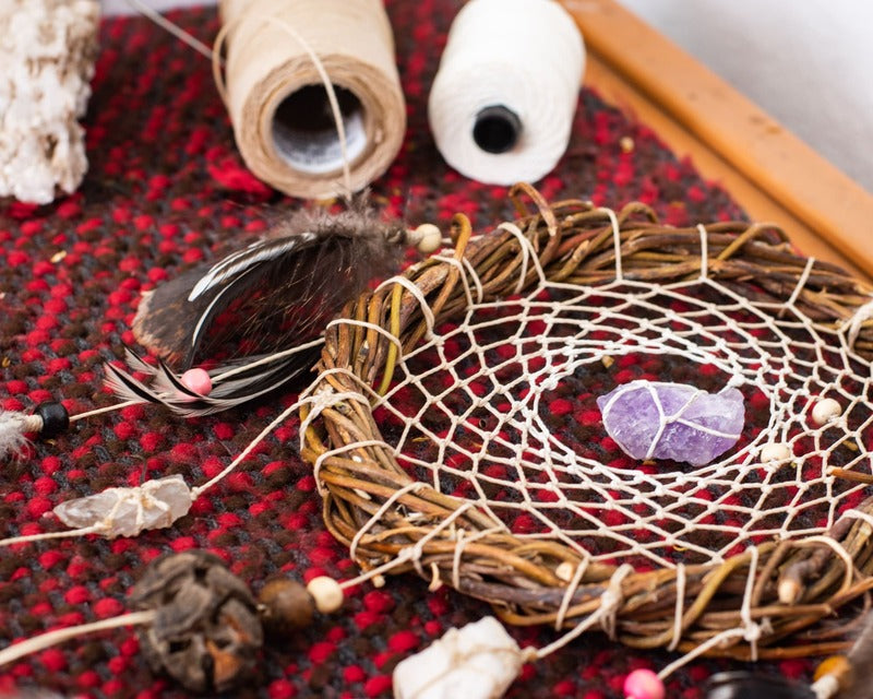 White dreamcatcher with eco-friendly materials and natural gemstones, adding a touch of elegance to any room.
