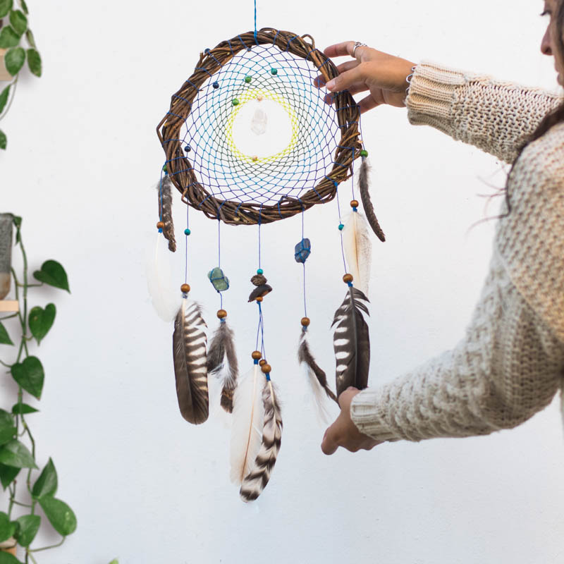 Soothing Blue and Green Dreamcatcher: Willow Wall Art with Healing Crystals - Calming Decor, Anxiety Relief, Natural Gift, Holistic Shamanic