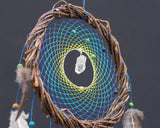 Soothing Blue and Green Dreamcatcher: Willow Wall Art with Healing Crystals - Calming Decor, Anxiety Relief, Natural Gift, Holistic Shamanic