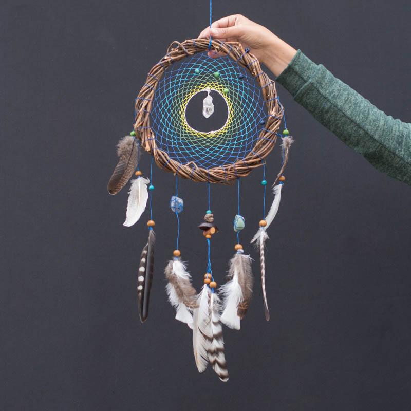 Soothing Blue and Green Dreamcatcher: Willow Wall Art with Healing Crystals - Calming Decor, Anxiety Relief, Natural Gift, Holistic Shamanic