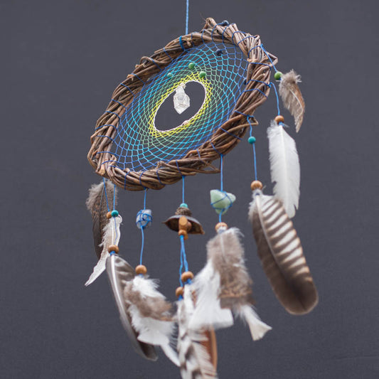 Soothing Blue and Green Dreamcatcher: Willow Wall Art with Healing Crystals - Calming Decor, Anxiety Relief, Natural Gift, Holistic Shamanic