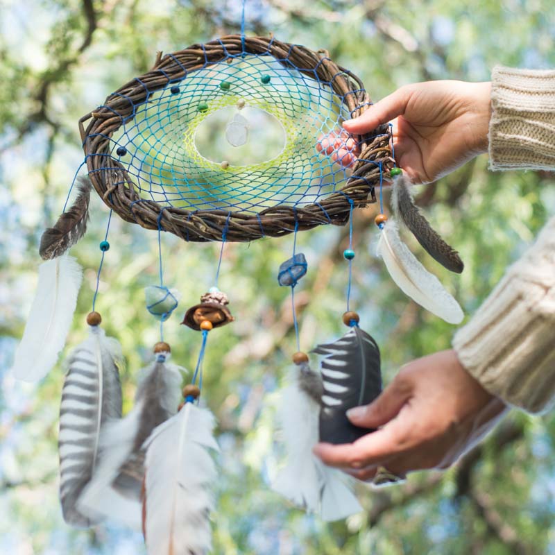 Soothing Blue and Green Dreamcatcher: Willow Wall Art with Healing Crystals - Calming Decor, Anxiety Relief, Natural Gift, Holistic Shamanic