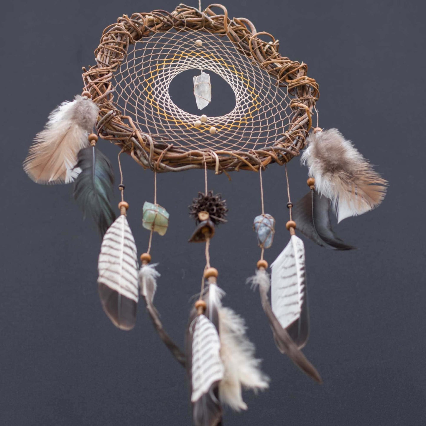 Authentic energy crystals dream catcher: Boho bedroom decor with natural feathers, mystical protection, unique gift, earthy vibes