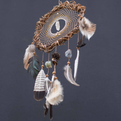 Authentic energy crystals dream catcher: Boho bedroom decor with natural feathers, mystical protection, unique gift, earthy vibes