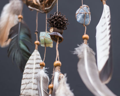 Authentic energy crystals dream catcher: Boho bedroom decor with natural feathers, mystical protection, unique gift, earthy vibes