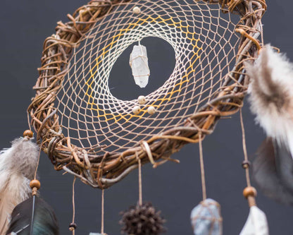 Authentic energy crystals dream catcher: Boho bedroom decor with natural feathers, mystical protection, unique gift, earthy vibes