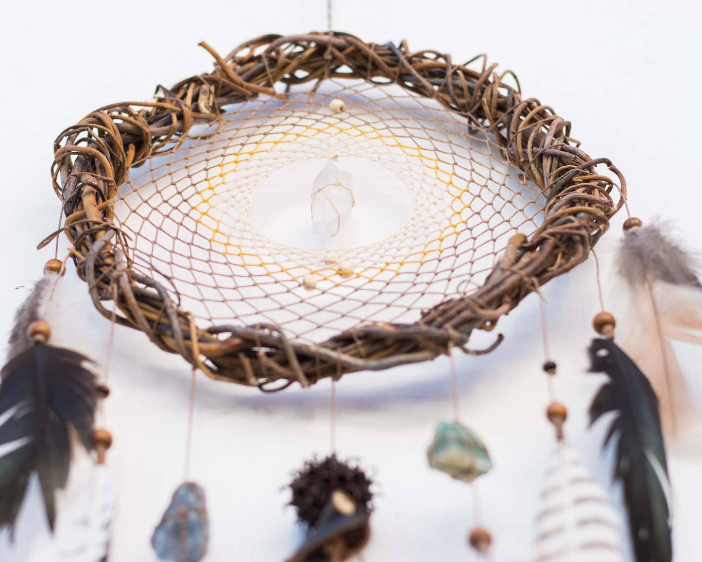 Authentic energy crystals dream catcher: Boho bedroom decor with natural feathers, mystical protection, unique gift, earthy vibes