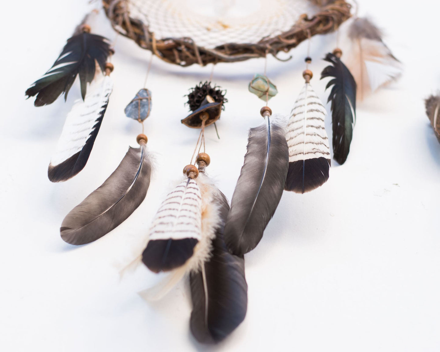 Authentic energy crystals dream catcher: Boho bedroom decor with natural feathers, mystical protection, unique gift, earthy vibes
