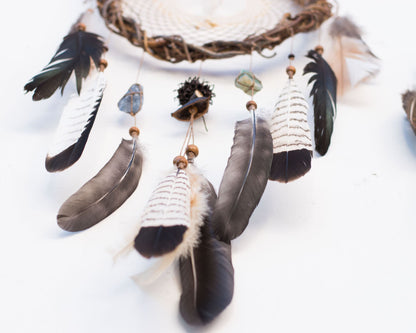 Authentic energy crystals dream catcher: Boho bedroom decor with natural feathers, mystical protection, unique gift, earthy vibes