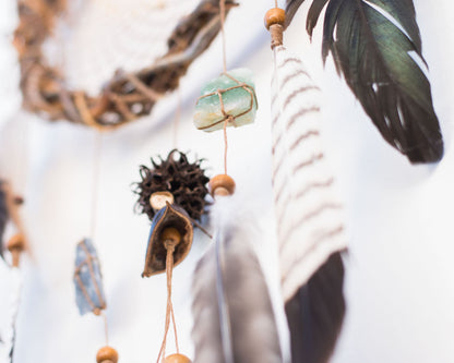Authentic energy crystals dream catcher: Boho bedroom decor with natural feathers, mystical protection, unique gift, earthy vibes