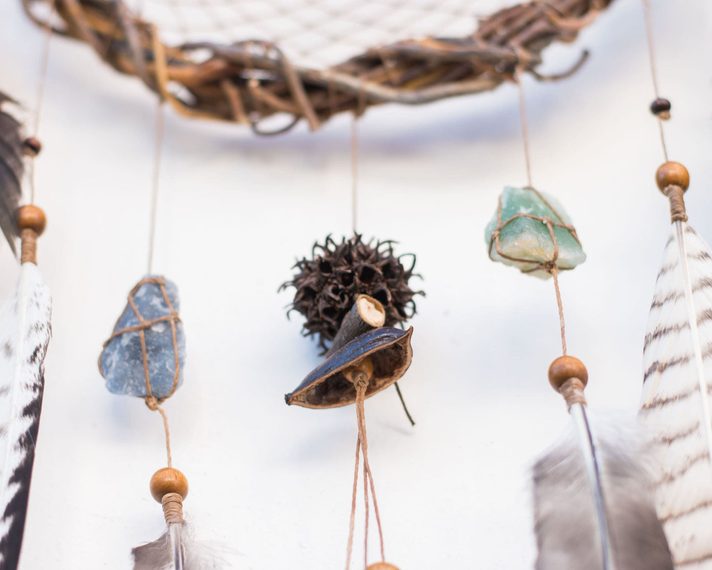 Authentic energy crystals dream catcher: Boho bedroom decor with natural feathers, mystical protection, unique gift, earthy vibes