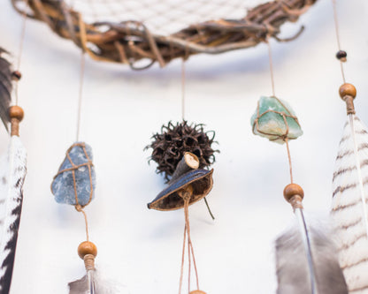 Authentic energy crystals dream catcher: Boho bedroom decor with natural feathers, mystical protection, unique gift, earthy vibes
