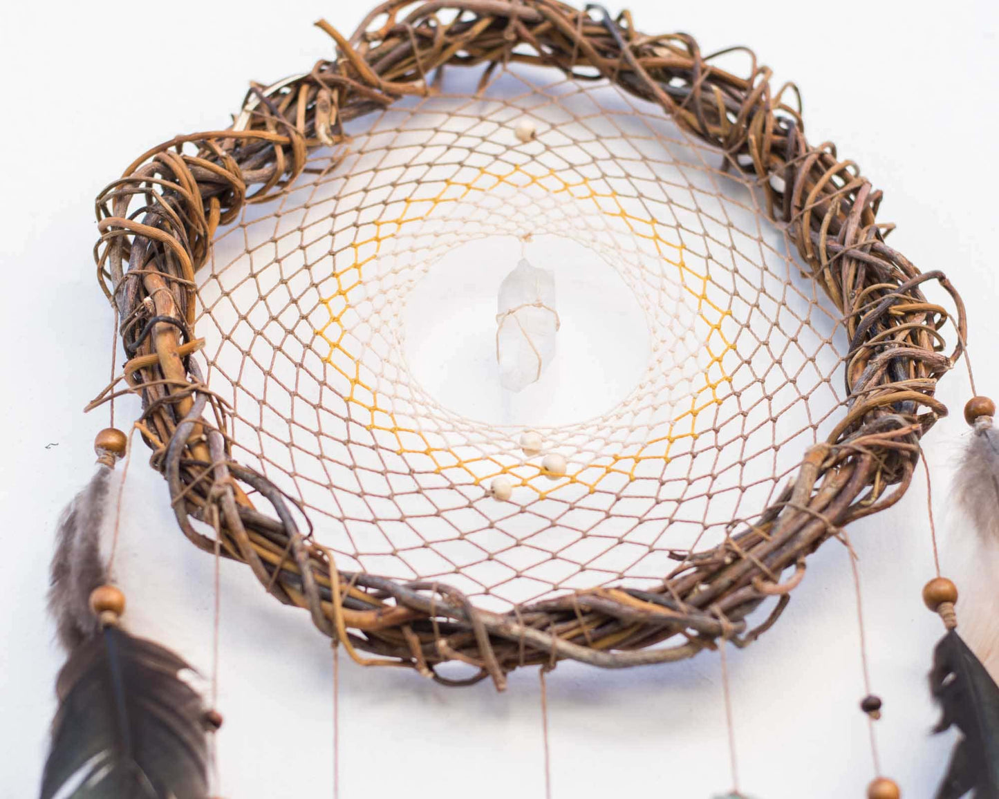 Authentic energy crystals dream catcher: Boho bedroom decor with natural feathers, mystical protection, unique gift, earthy vibes
