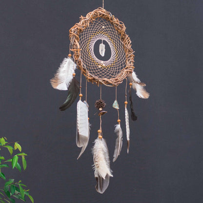 Authentic energy crystals dream catcher: Boho bedroom decor with natural feathers, mystical protection, unique gift, earthy vibes