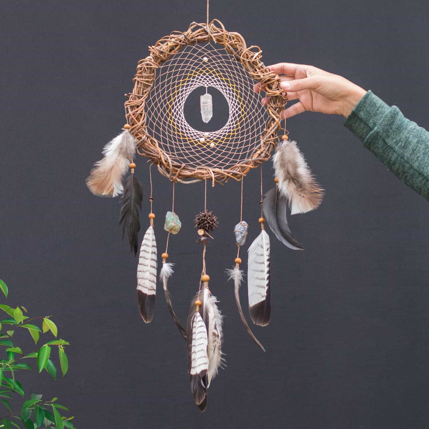 Authentic energy crystals dream catcher: Boho bedroom decor with natural feathers, mystical protection, unique gift, earthy vibes
