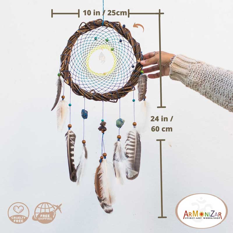 Soothing Blue and Green Dreamcatcher: Willow Wall Art with Healing Crystals - Calming Decor, Anxiety Relief, Natural Gift, Holistic Shamanic