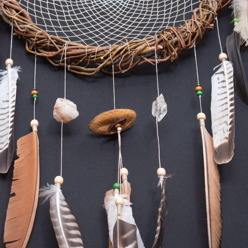 Handmade White & Bone Dream Catcher with Amethyst, Crystal Quartz and White Quartz, Calming Wall Art, Unique Holiday Spiritual Gift