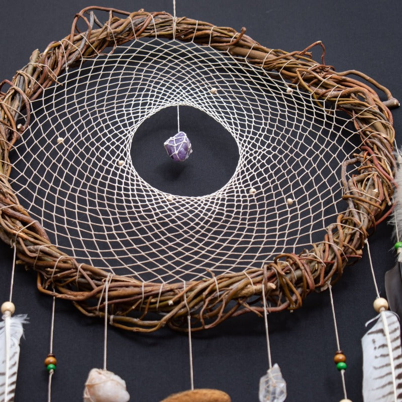 Handmade White & Bone Dream Catcher with Amethyst, Crystal Quartz and White Quartz, Calming Wall Art, Unique Holiday Spiritual Gift